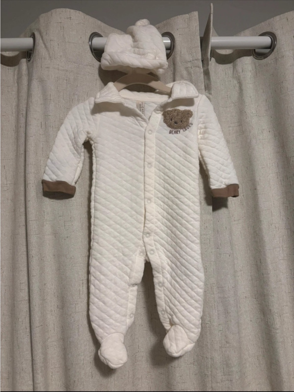 chick pea Cream Quilted Baby Footed One-Piece with Brown Bear Accent